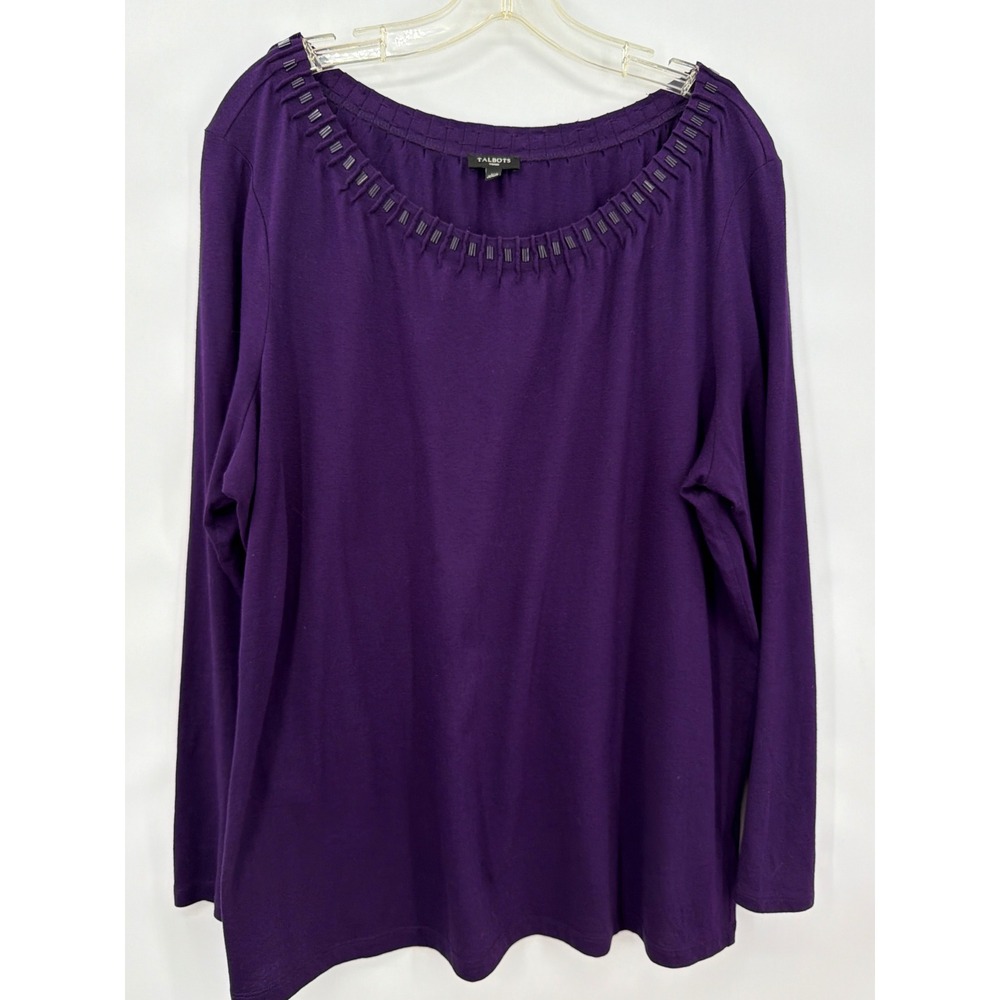 Talbots Woman Purple Beaded Scoop Neck Long Sleeve Top 1X Cotton Modal Blouse